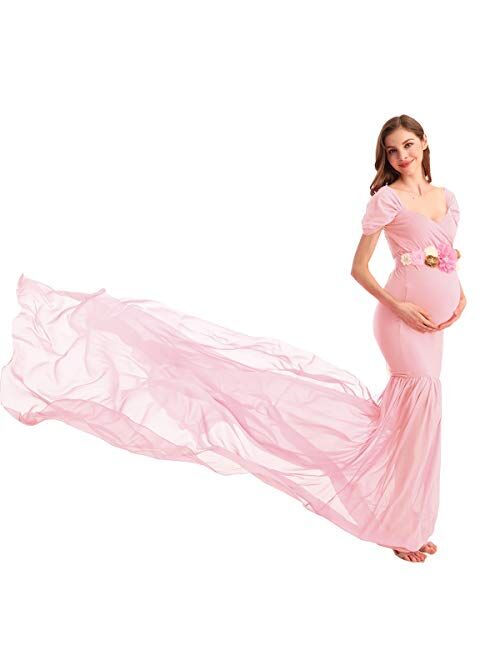 AYMENII Maternity Off Shoulder Chiffon Gown w/Long Train Maxi Photography Dress Wedding Party Photo Props Baby Shower Dress
