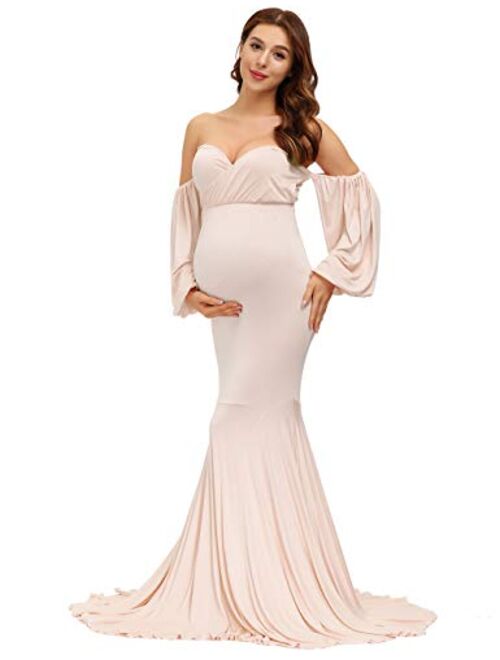 VSNOW Maternity Off Shoulder Long Lantern Sleeve Elegant Fitted Gown Split Mermaid Maxi Photography Dress for Photoshoot