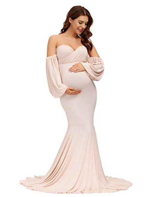 VSNOW Maternity Off Shoulder Long Lantern Sleeve Elegant Fitted Gown Split Mermaid Maxi Photography Dress for Photoshoot