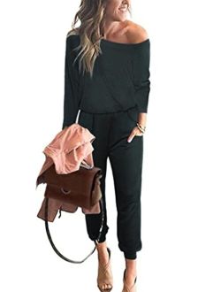 Women's Casual Long Sleeve Jumpsuit Crewneck One Off Shoulder Elastic Waist Stretchy Romper with Pockets