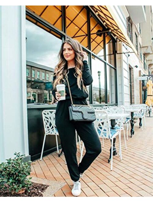 PRETTYGARDEN Women's Casual Long Sleeve Jumpsuit Crewneck One Off Shoulder Elastic Waist Stretchy Romper with Pockets