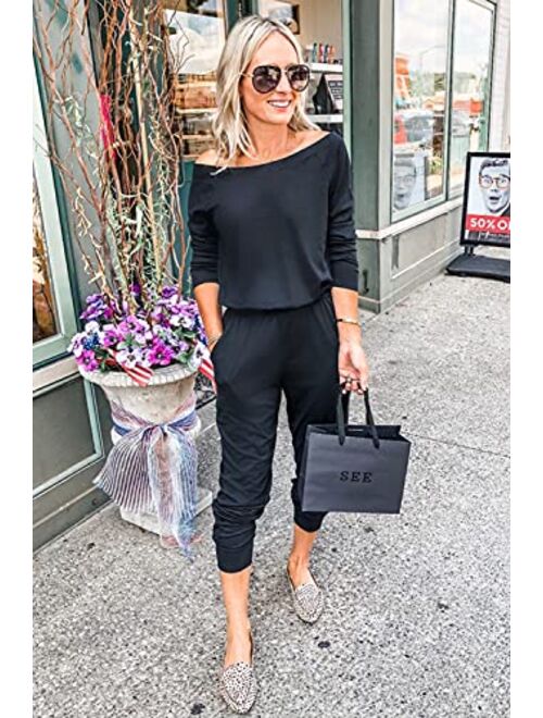 PRETTYGARDEN Women's Casual Long Sleeve Jumpsuit Crewneck One Off Shoulder Elastic Waist Stretchy Romper with Pockets