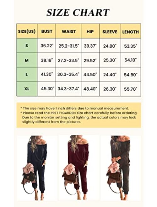 PRETTYGARDEN Women's Casual Long Sleeve Jumpsuit Crewneck One Off Shoulder Elastic Waist Stretchy Romper with Pockets