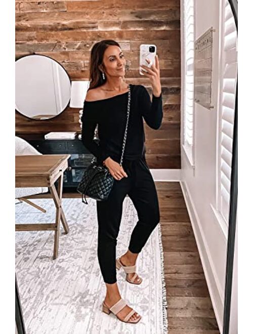 PRETTYGARDEN Women's Casual Long Sleeve Jumpsuit Crewneck One Off Shoulder Elastic Waist Stretchy Romper with Pockets