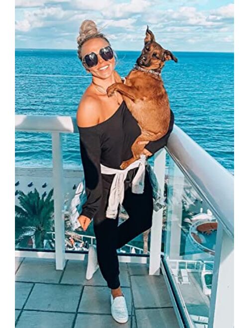 PRETTYGARDEN Women's Casual Long Sleeve Jumpsuit Crewneck One Off Shoulder Elastic Waist Stretchy Romper with Pockets