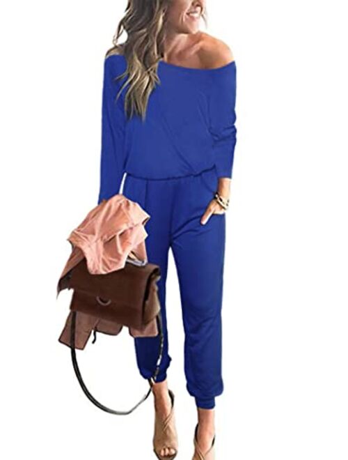 PRETTYGARDEN Women's Casual Long Sleeve Jumpsuit Crewneck One Off Shoulder Elastic Waist Stretchy Romper with Pockets