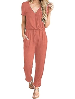 Womens Sexy Deep V Neck Short Sleeve Wrap Drawstring Waist Jumpsuit Romper with Pockets