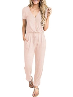 Womens Sexy Deep V Neck Short Sleeve Wrap Drawstring Waist Jumpsuit Romper with Pockets