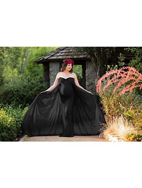ZIUMUDY Strapless Off Shoulder Maternity Maxi Gown Photography Chiffon Dress for Baby Shower
