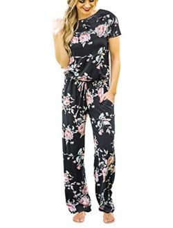 RichCoco Women's Floral Printed Jumpsuit Casual O Neck Loose Long Wide Legs Pants Jumpsuit Rompers with Pockets
