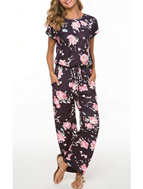 RichCoco Women's Floral Printed Jumpsuit Casual O Neck Loose Long Wide Legs Pants Jumpsuit Rompers with Pockets