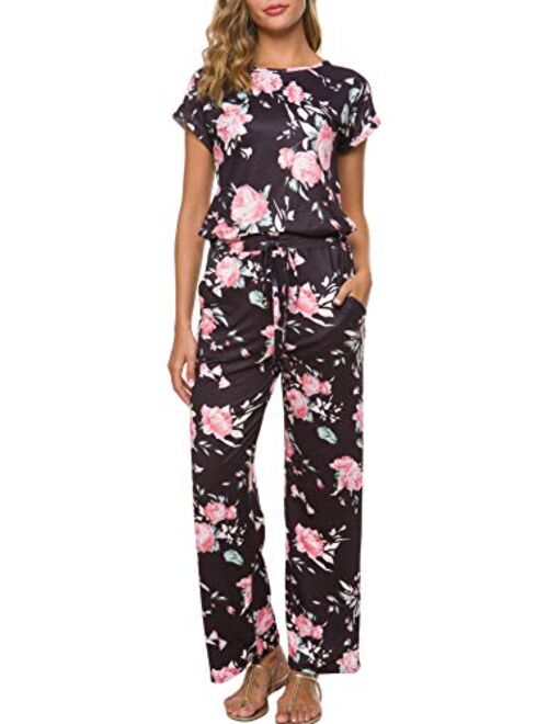 RichCoco Womens Floral Printed Jumpsuit Casual O Neck Loose Long Wide Legs Pants Jumpsuit Rompers with Pockets