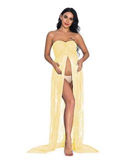 ZIUMUDY Women's Strapless See Through Lace Maternity Photography Gown Split Front Tube Dress