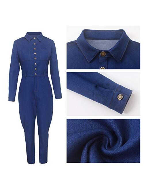 LKOUS Denim 2 Piece Outfits for Women - Patchwork Buttons Long Sleeve Crop Coat+ High Waist Bodycon Long Jeans Sets
