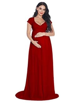 ZIUMUDY Maternity Chiffon Gown Wraped Short Sleeve Cross-Front Photography Maxi Dress for Baby Shower