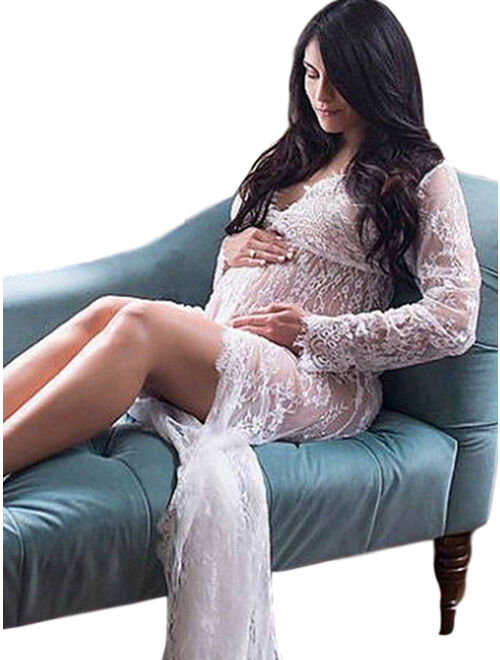 Pudcoco Pregnant Women Lace Maternity Long Gown Maxi Deep V Dress