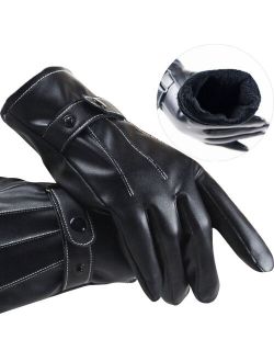 SANKUU Mens Winter Black Gloves Leather Touchscreen Snap Closure Cycling Glove Outdoor Riding Warm Waterproof Gloves
