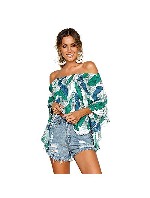 DDSOL Sexy Women's Off The Shoulder Blouse Tops Ruffle 3/4 Bell Sleeve Summer Casual T Shirts