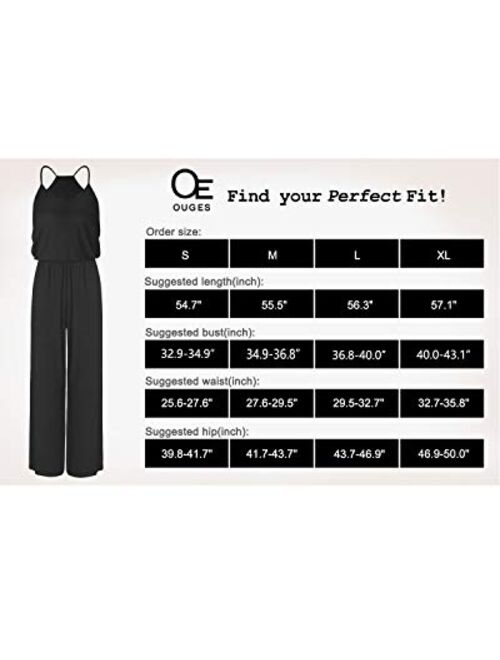 OUGES Women's Plain Sleeveless Racer Back Wide Leg Pant Jumpsuits Romper