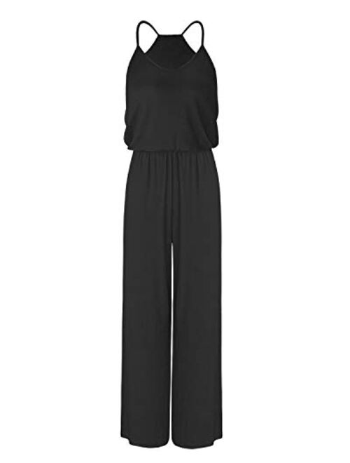 OUGES Women's Plain Sleeveless Racer Back Wide Leg Pant Jumpsuits Romper