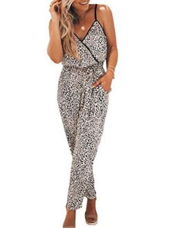 Women’s Sexy Wrap V Neck Leopard Print Spaghetti Strap Long Pants Jumpsuits Rompers with Pockets