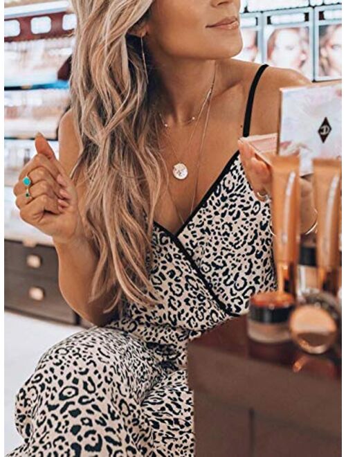 PRETTYGARDEN Women’s Sexy Wrap V Neck Leopard Print Spaghetti Strap Long Pants Jumpsuits Rompers with Pockets