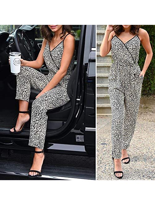PRETTYGARDEN Women’s Sexy Wrap V Neck Leopard Print Spaghetti Strap Long Pants Jumpsuits Rompers with Pockets
