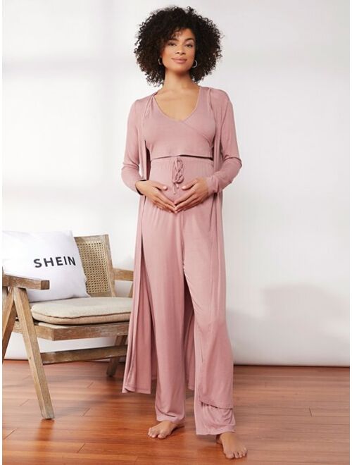SHEIN Maternity Solid Rib-knit Tank Top & Drawstring Pants Set With Coat
