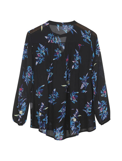 Nlife Women Floral Print Long Sleeve Chiffon Shirt Blouse Tops