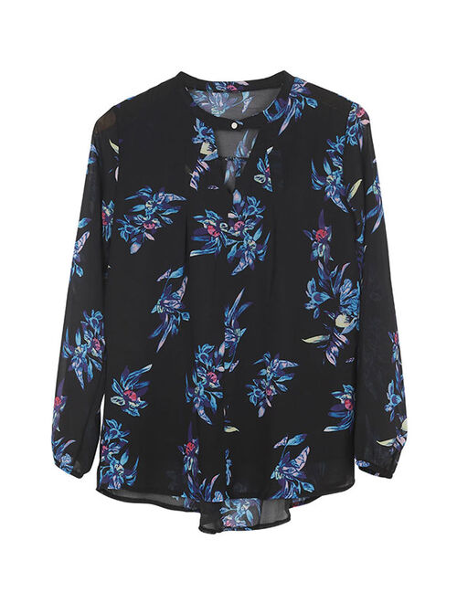 Nlife Women Floral Print Long Sleeve Chiffon Shirt Blouse Tops