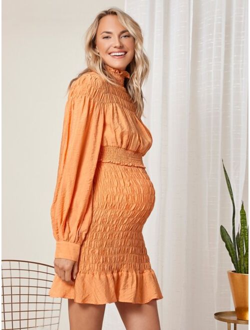 SHEIN Maternity Lantern Sleeve Shirred Detail Top & Ruffle Hem Skirt Set