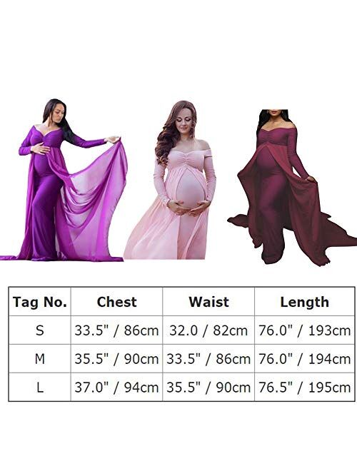 Pregnant Women Elegant Fitted Maternity Gown Long Sleeve V Neck Slim Chiffon Train Maxi Photography Dress for Photoshoot
