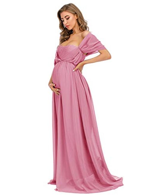 ZIUMUDY Maternity Off Shoulder Chiffon Gown for Photo Shoot Maxi Lace Dress for Baby Shower Bridesmaid Party Dress