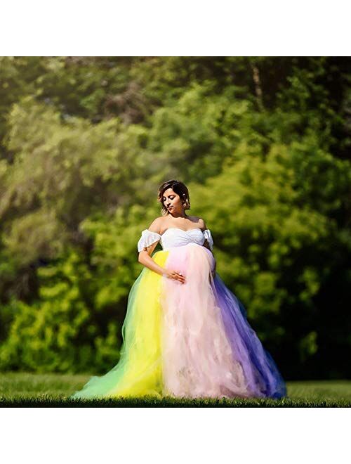 Rainbow Maternity Photoshoot Dress Off Shoulders Stretch Lace Tulle Pregnancy Tutu Baby Shower Bridesmaids Photography Gown