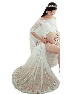 Hopeverl 3Pcs Maternity Lace Gown Split Front Maxi Photography Dress for Photo Shoot White