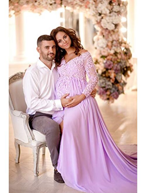 Sweet Bridal Women's Maternity Lace Appliques Split Long Sleeve Dresses for Baby Shower Photography Gowns