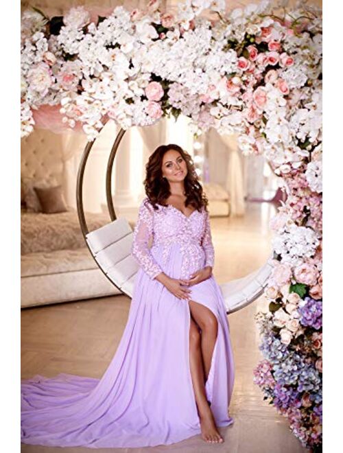 Sweet Bridal Women's Maternity Lace Appliques Split Long Sleeve Dresses for Baby Shower Photography Gowns