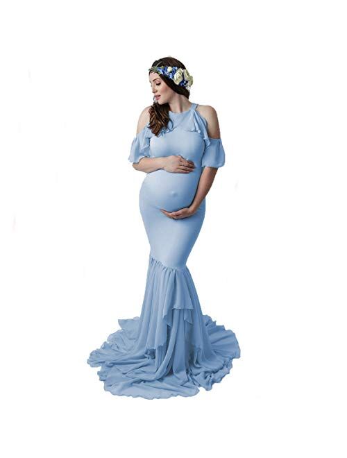 AYMENII Maternity Dresses for Photo Shoot Women Mermaid Chiffon Gown Cold Shoulder Ruffle Sleeves Wedding Baby Shower Dress