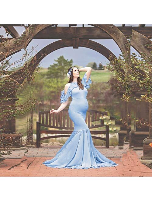 AYMENII Maternity Dresses for Photo Shoot Women Mermaid Chiffon Gown Cold Shoulder Ruffle Sleeves Wedding Baby Shower Dress