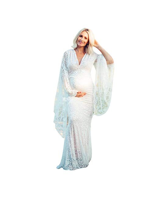 Maternity Deep V-Neck Sheer Lace Gown Maxi Photography Dress for Photo Shoot Photo Props Dress