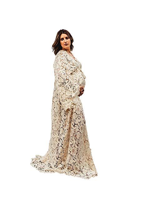 Boho Beige Maternity Dress for Photoshoot Women's Long Sleeve Maternity Gown Maxi Photography Dress