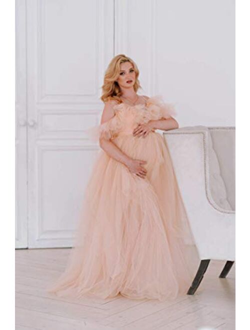 BathGown Maternity Dress for Photoshoot Off Shoulder Chiffon Long Sleeves and Tiered Mermaid Skirt Pregnancy Maxi Gown