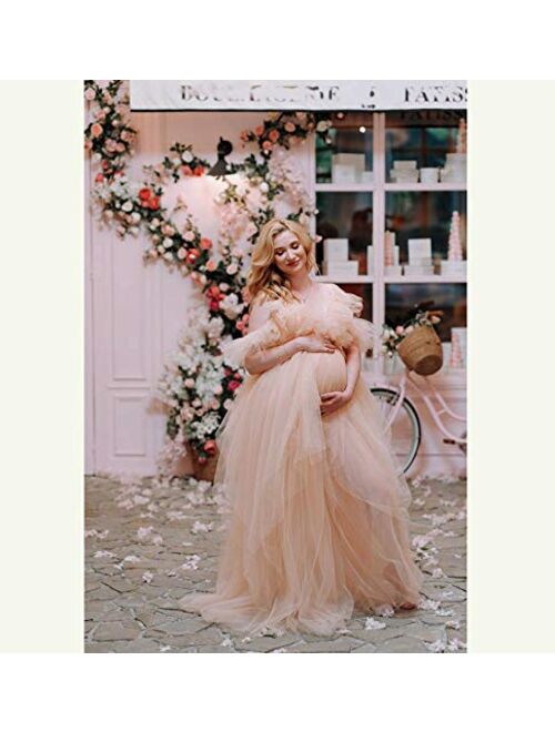 BathGown Maternity Dress for Photoshoot Off Shoulder Chiffon Long Sleeves and Tiered Mermaid Skirt Pregnancy Maxi Gown