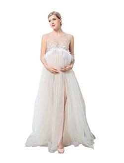 Hopeverl Women's Waist Fur Mesh Sleeveless Gown Maxi Maternity Dress for Photo Shoot Milk White