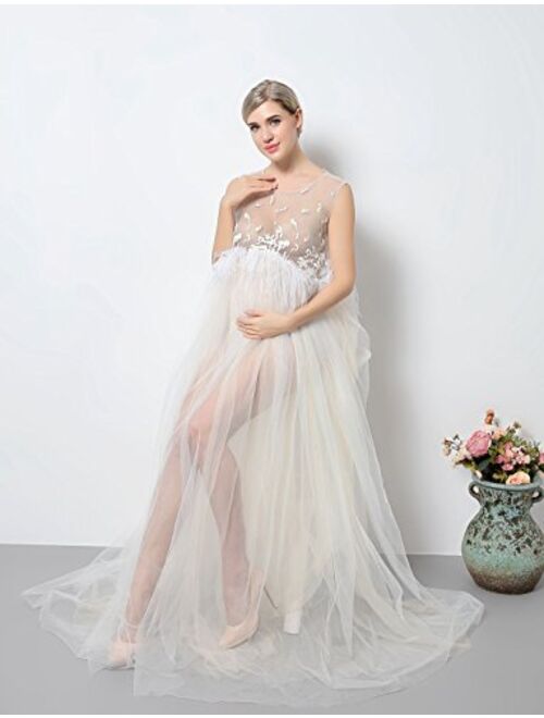 Hopeverl Women's Waist Fur Mesh Sleeveless Gown Maxi Maternity Dress for Photo Shoot Milk White