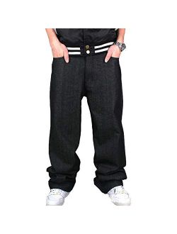 Ruiatoo Men's Boy Baggy Loose Fit Hip Hop Black Denim Long Casual Pants Jeans