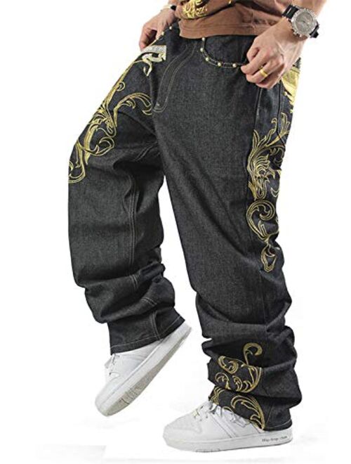 Ruiatoo Mens Jeans Fashion Skateboard Pants Snake Embroidery Baggy Jeans Hip Hop Denim Black Trousers