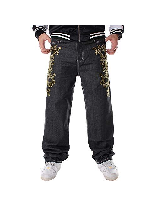 Ruiatoo Men's Baggy Jeans Classic Plain Loose Hip Hop Pants Dance Black Jeans Denim