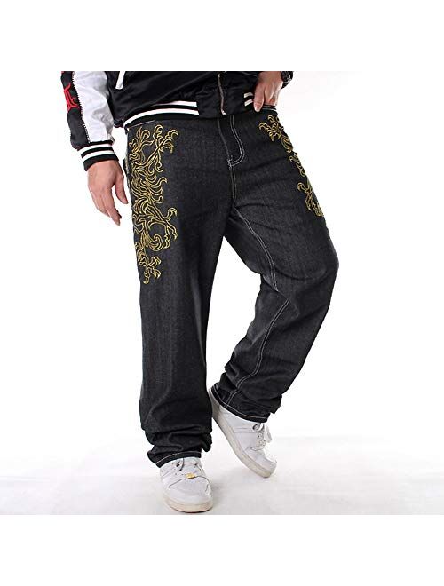 Ruiatoo Men's Baggy Jeans Classic Plain Loose Hip Hop Pants Dance Black Jeans Denim