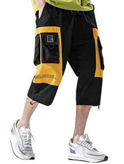 Men's Two Tone Cargo Jogger Elastic Waist Capri Pants Shorts with Multi Pocket